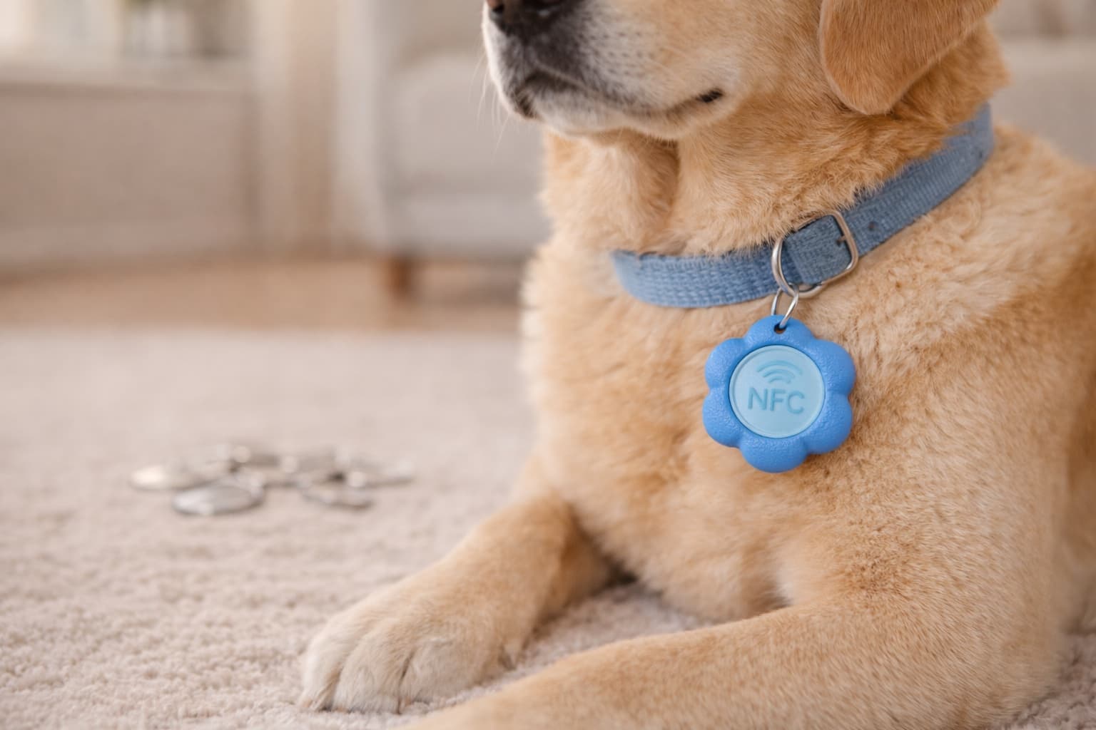 Dog wearing silent Bloomtag NFC flower tag on collar — no noise, always on
