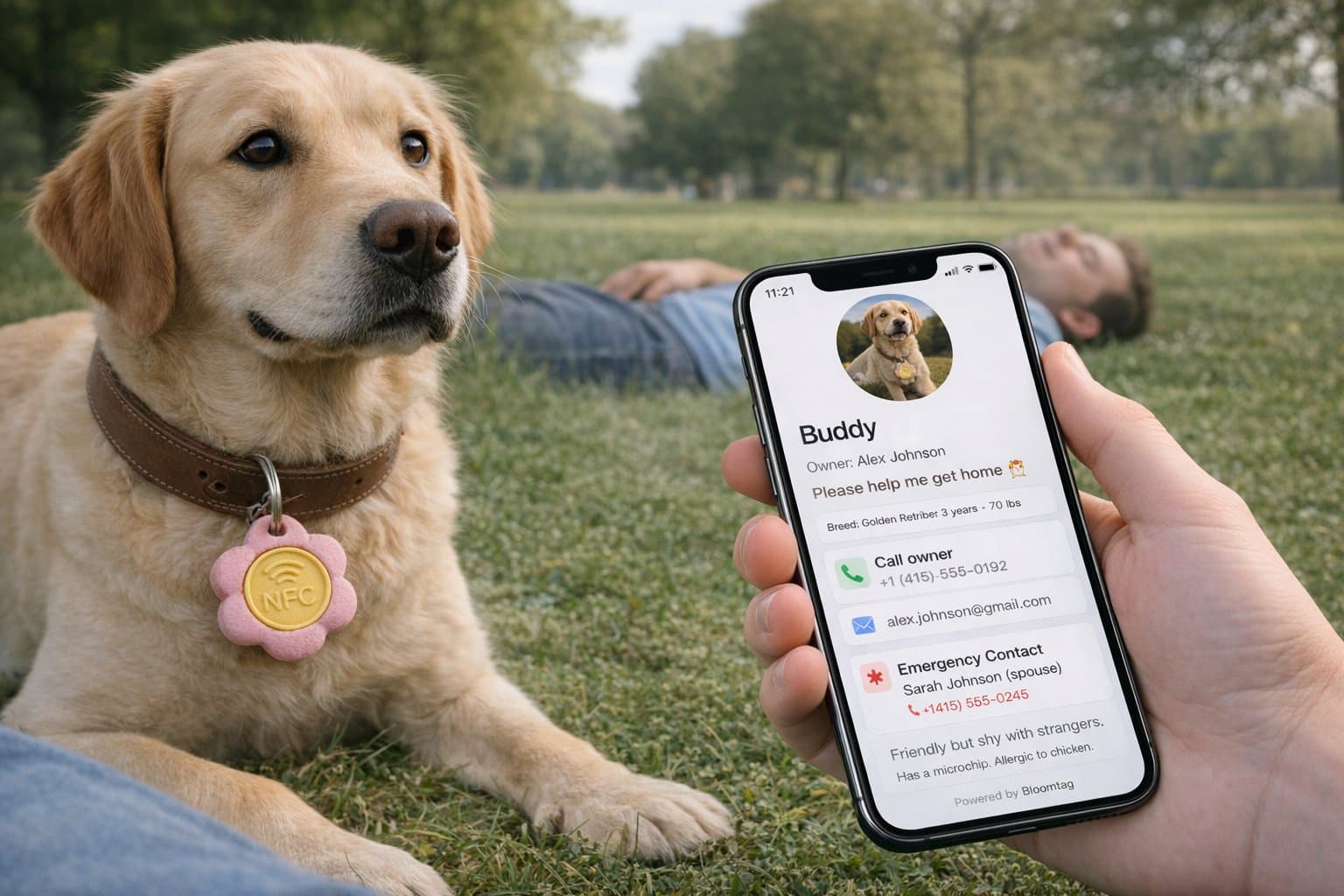Dog owner with pet in park — Bloomtag NFC tag shows emergency contact when tapped