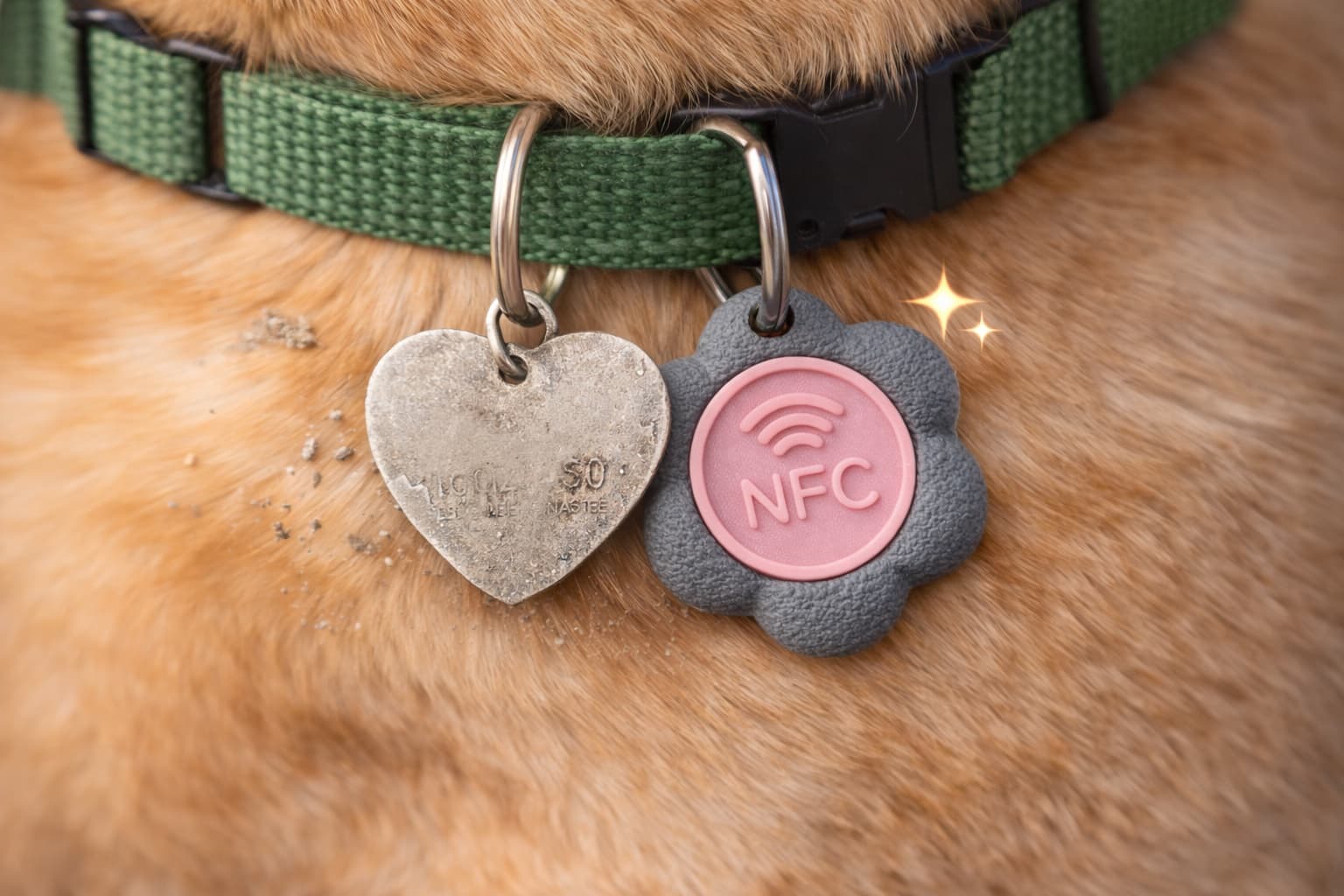 Faded metal dog tag engraving vs Bloomtag NFC flower tag — no engraving, never fades