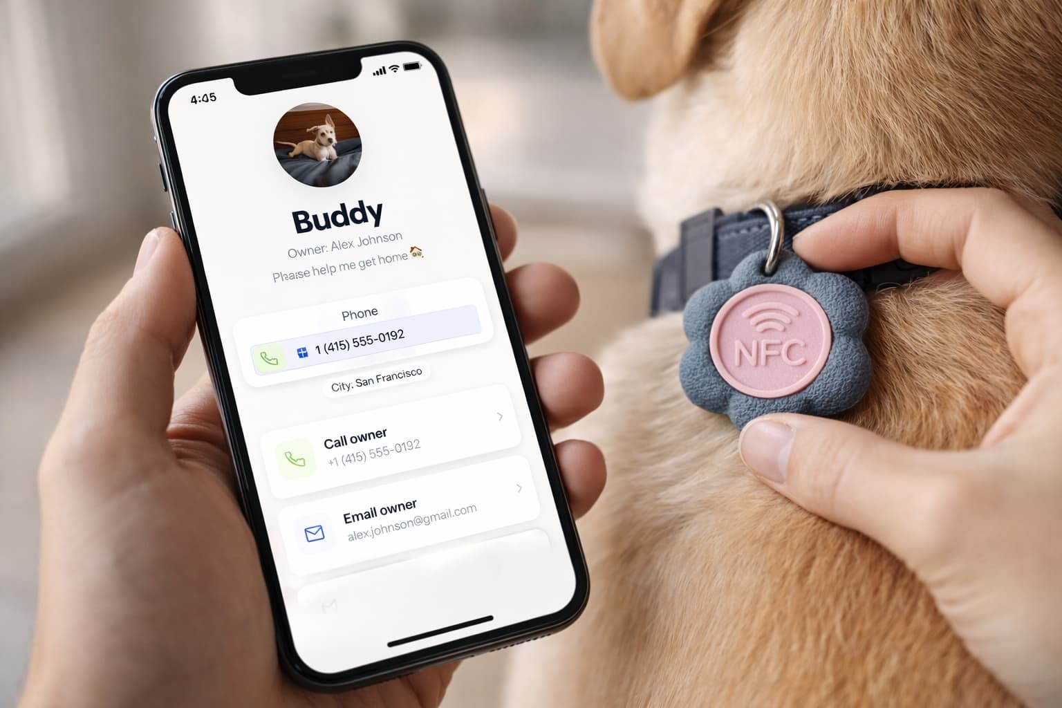 Finder tapping iPhone to dog collar NFC tag — Bloomtag contact info appears instantly
