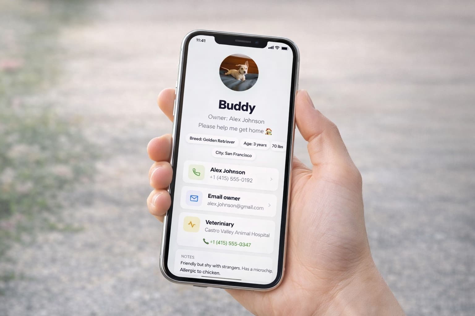 Bloomtag NFC pet profile on iPhone — pet name, phone number, emergency contact